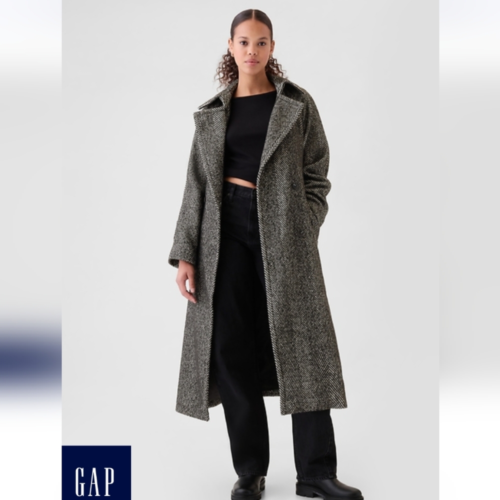 GAP Black And White Long Belted Women's Coat - Picture 2 of 3
